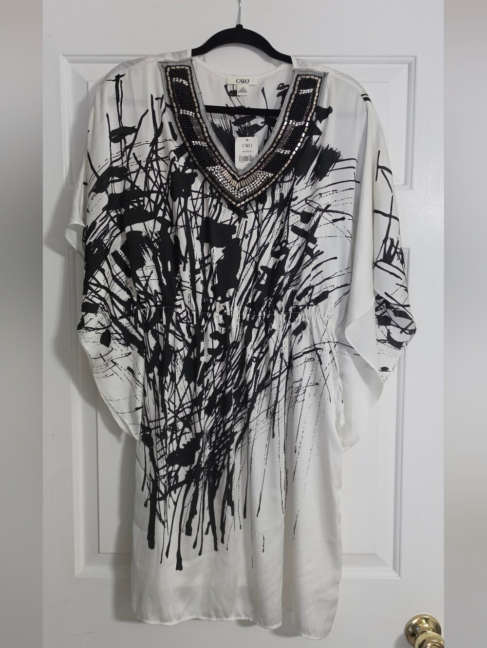 Cato White Dress with Black Abstract Splatter and Beaded V-Neckline